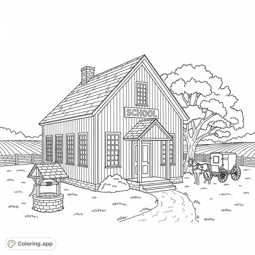 Color a charming Amish schoolhouse with a horse-drawn buggy, set in a peaceful country landscape. Perfect for serene and mindful coloring.