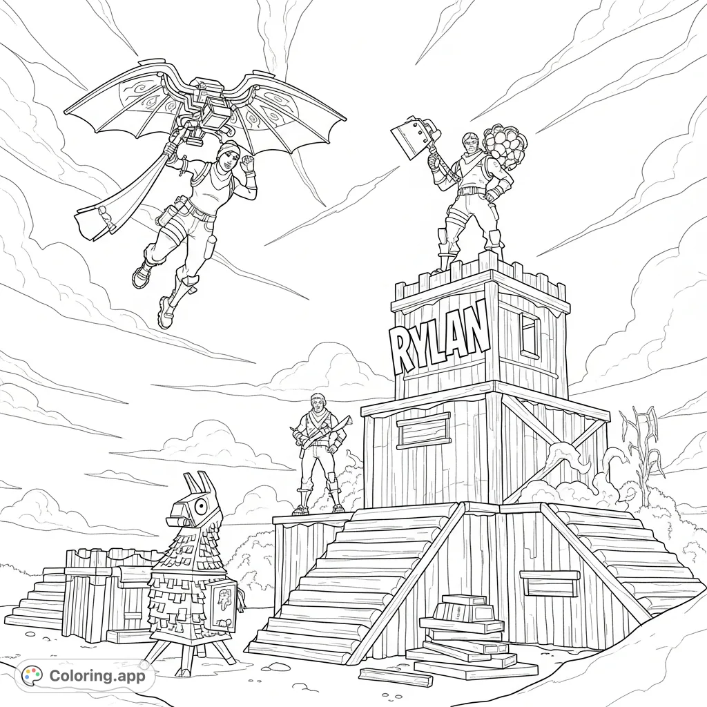 Dive into the Battle Royale with dynamic Fortnite characters and a personalized 'RYLAN' tag. A perfect free printable coloring page for gaming fans!
