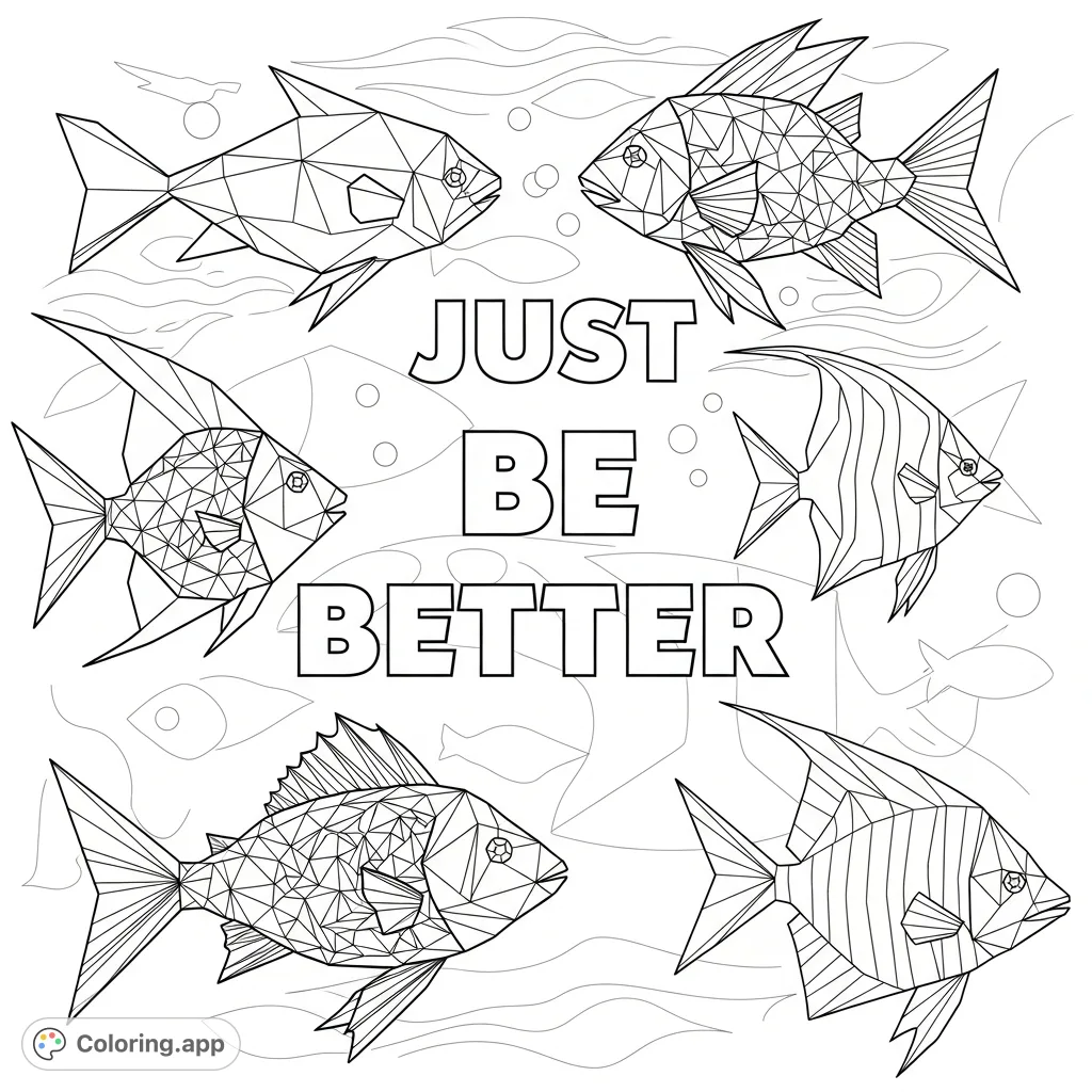 A unique geometric fish coloring page featuring the empowering quote "Just Be Better," surrounded by dynamically swimming fish with intricate polygonal details.