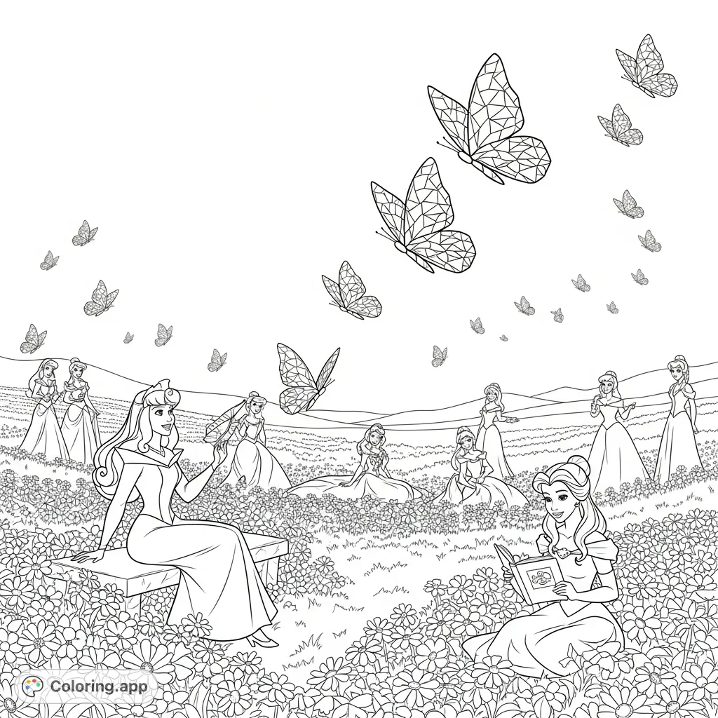 Disney Princesses, including Aurora and Belle, relax in an expansive flower field filled with geometric, mosaic-winged butterflies. An enchanting scene.
