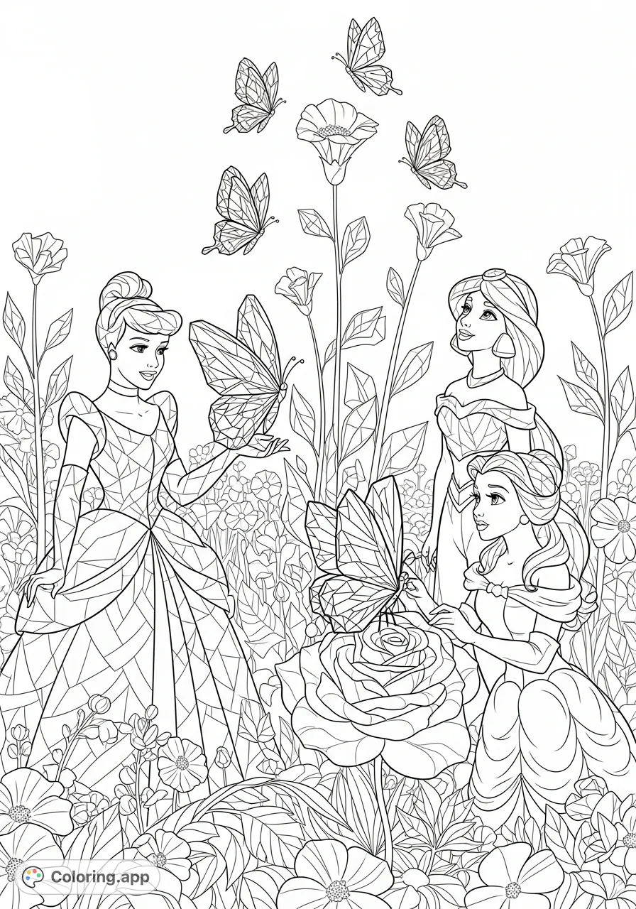 Cinderella, Belle, and Jasmine are surrounded by intricate geometric butterflies in a vibrant flower field, creating a magical scene for coloring enthusiasts.