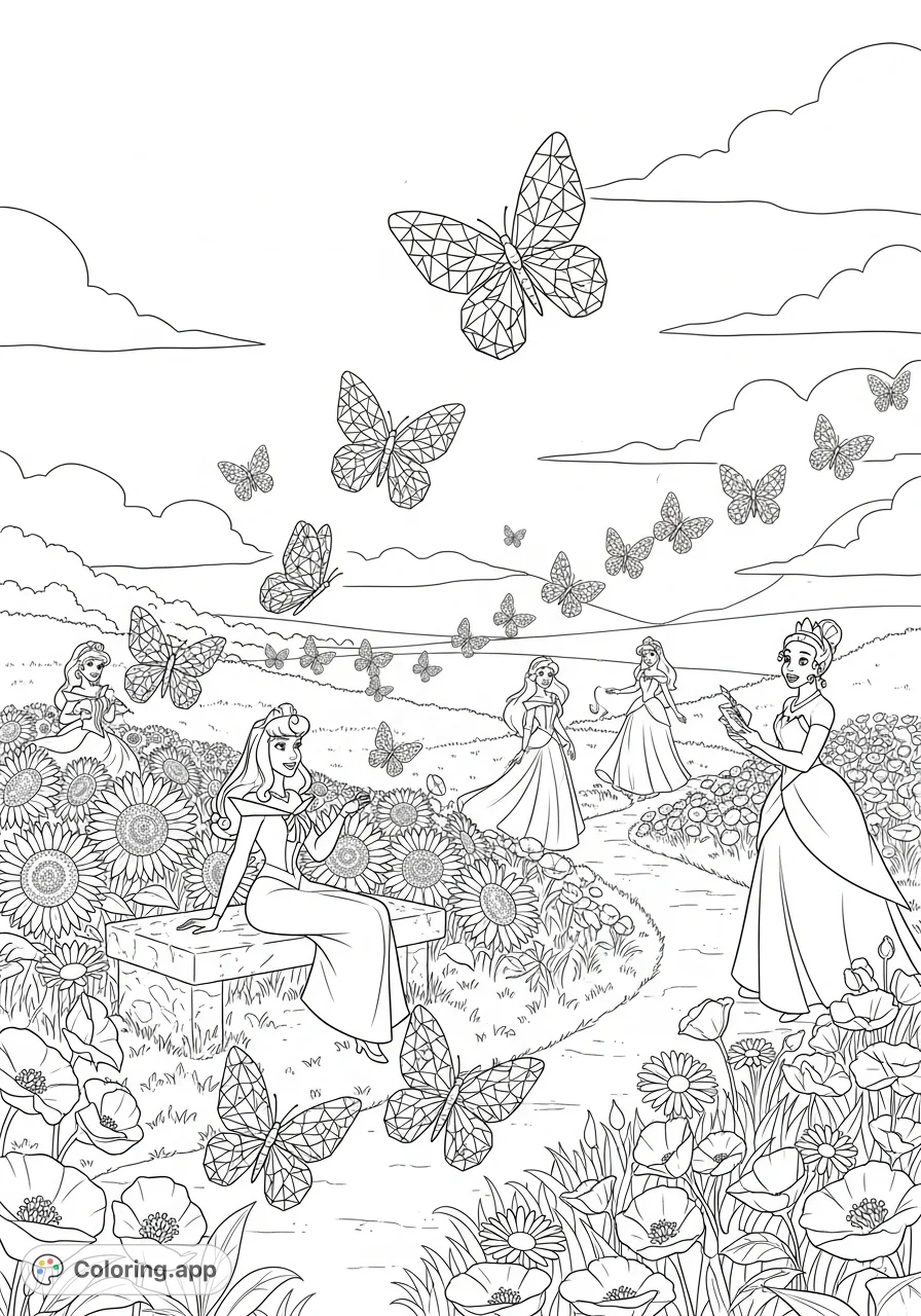 An enchanting Disney Princesses coloring page featuring Aurora and Tiana surrounded by an expansive flower field and intricate geometric butterflies.