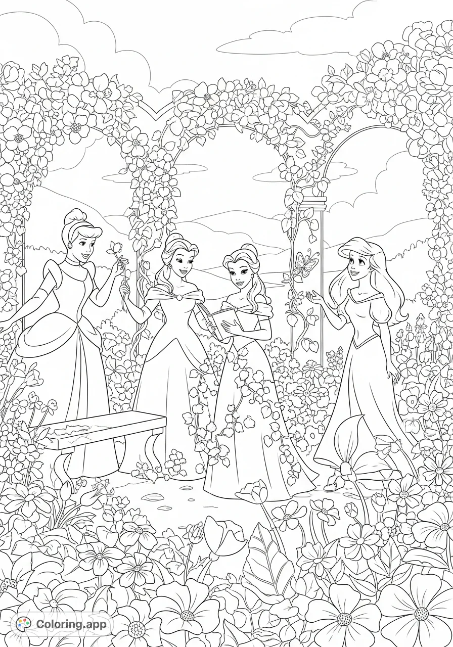 Beloved Disney Princesses elegantly gather in a captivating spring flower garden, surrounded by intricate blossoms, lush foliage, and charming natural details.