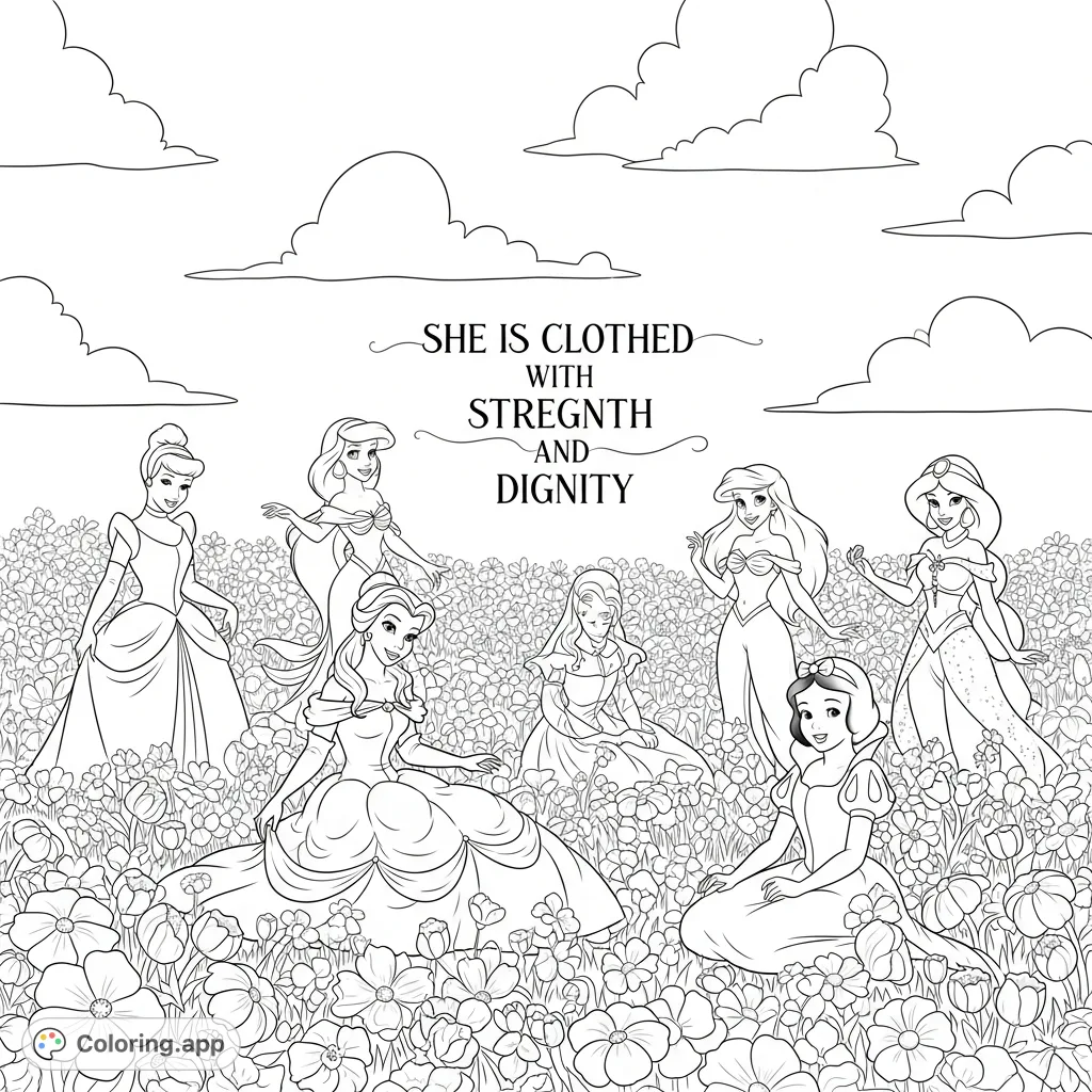 Beloved Disney Princesses Cinderella, Belle, Ariel, Jasmine, and Snow White gather gracefully in a dense flower field, with a powerful quote in elegant calligraphy.