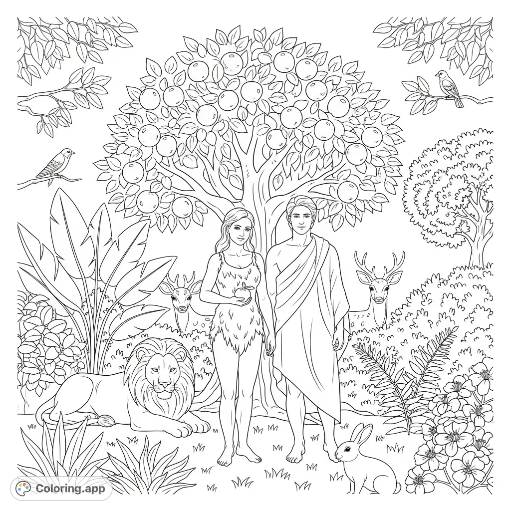 Discover Adam and Eve in the Garden of Eden, surrounded by the Tree of Life, lush plants, and gentle animals. A tranquil scene for all ages.