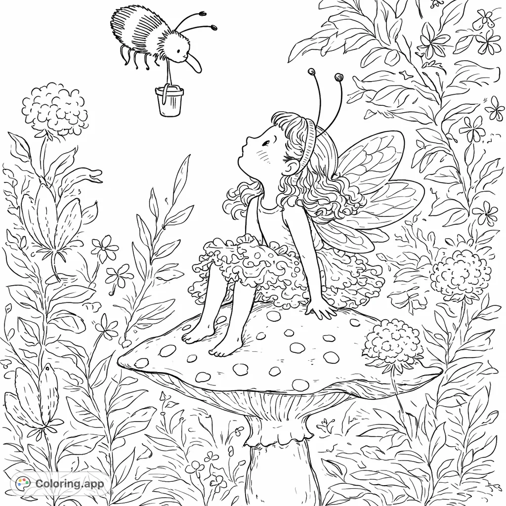A whimsical fairy sits on a spotted mushroom, gazing at a bee carrying a tiny bucket amidst a lush garden. A charming scene for creative coloring.