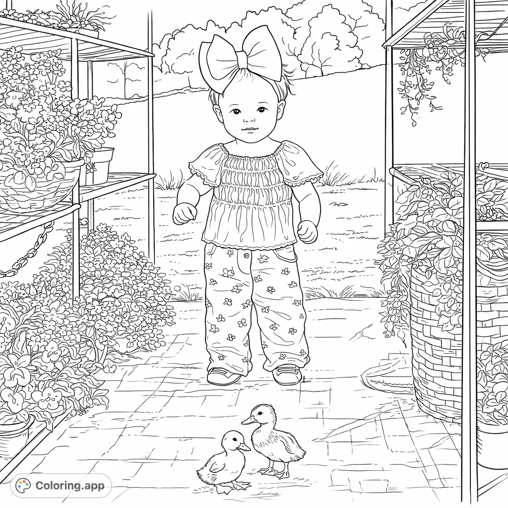 A charming scene featuring a young child with a large bow, surrounded by two ducklings, lush garden plants, and intricate shelving, perfect for detailed coloring.