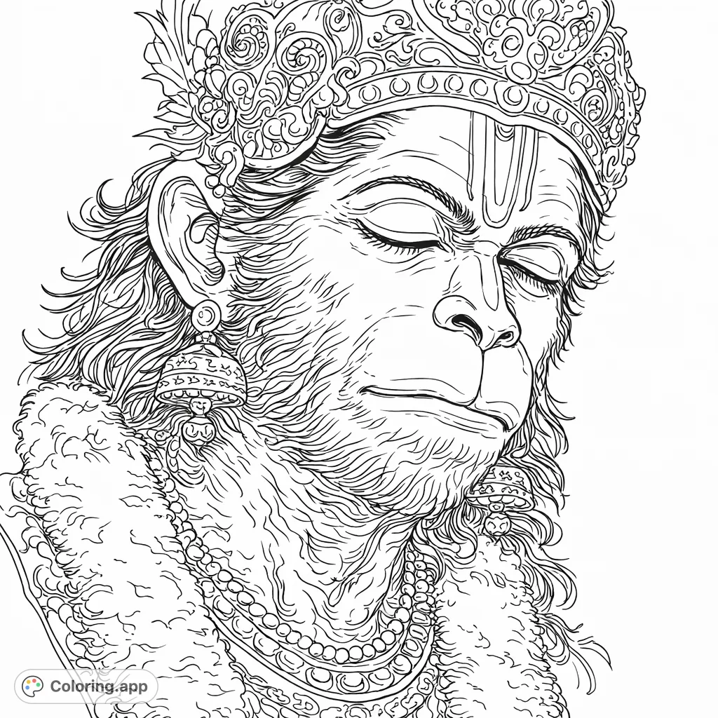 A serene Hanuman deity in meditation, adorned with an intricate crown, ornate earrings, and a distinctive forehead marking. Perfect for spiritual coloring.