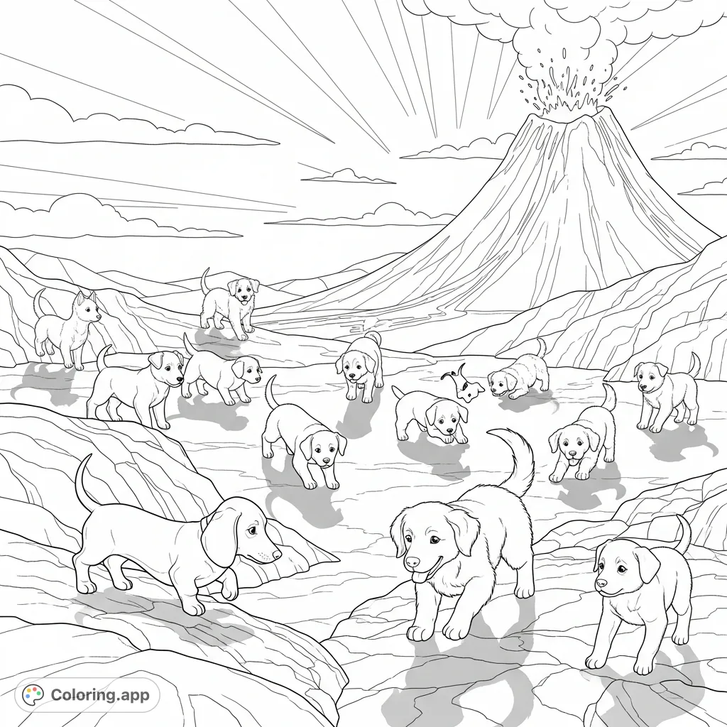 Twelve adorable puppies explore a dramatic volcanic landscape, with a dachshund navigating lava rocks and a golden retriever chasing shadows. A towering volcano looms in the background, a truly unique volcano puppies coloring page.