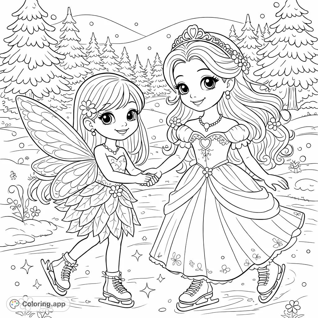 A magical princess and fairy enjoy ice skating in a snowy winter wonderland. Perfect for imaginative fun and creative coloring for kids and adults.
