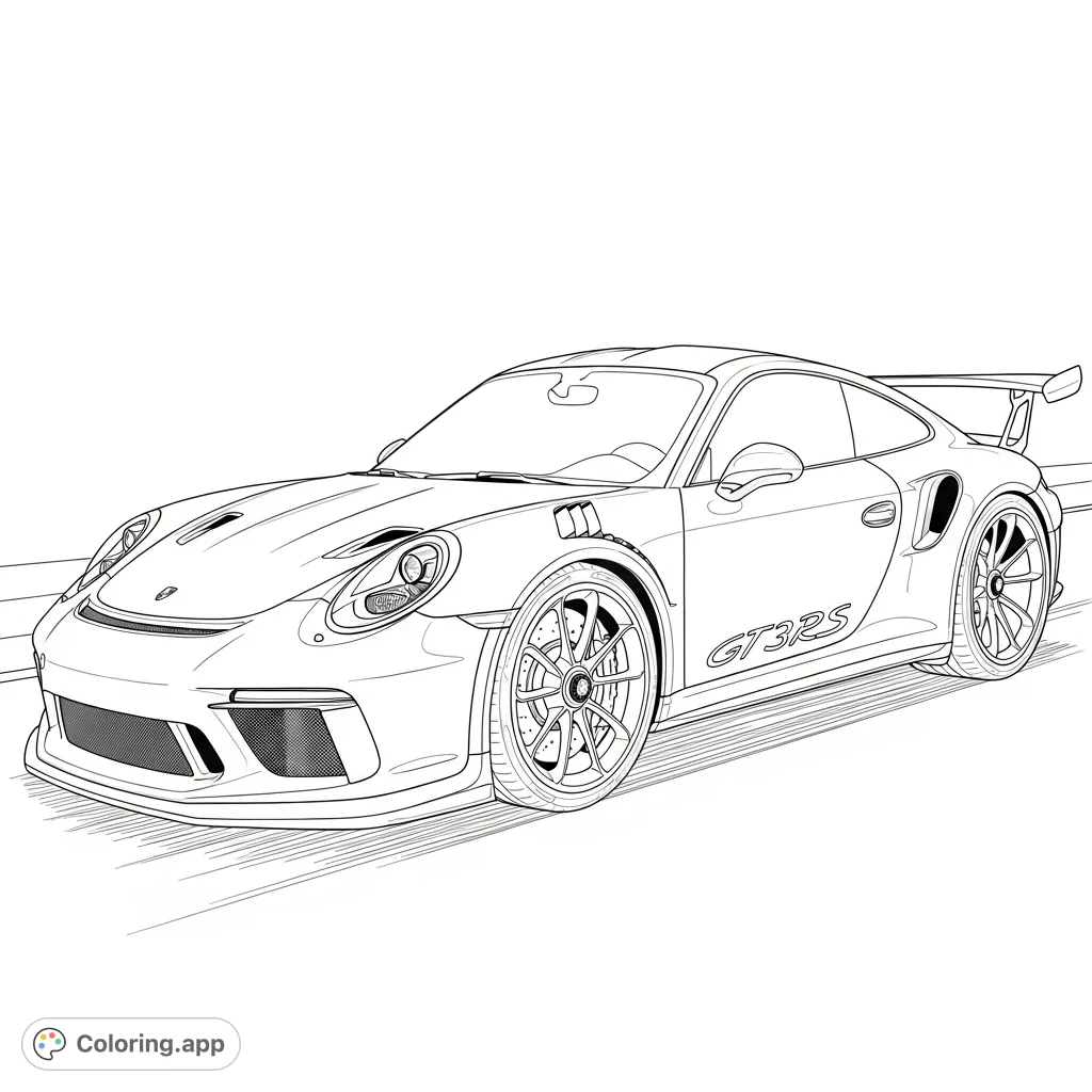 Experience the thrill of speed with this detailed Porsche GT3RS coloring page, featuring its iconic silhouette, large rear wing, and distinctive GT3RS logo.