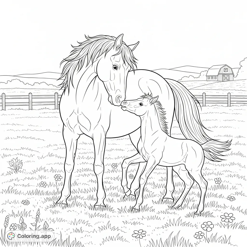 A charming horse coloring page featuring a playful adult horse and its lively foal in a farm field. Perfect free printable coloring page for animal lovers.