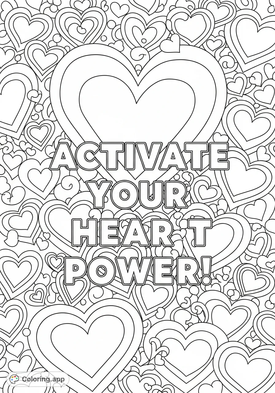 A dynamic heart power coloring page featuring a dense array of bold, fanciful hearts of various sizes and shapes, with an empowering message.