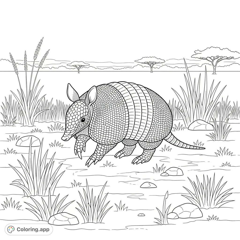 Discover a unique armadillo in its natural grassland habitat, featuring its distinctive shell and savanna elements. A captivating free printable coloring page.