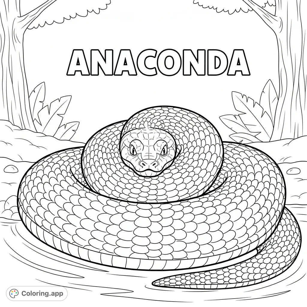 Discover a majestic anaconda coiled by a river in the rainforest. A detailed animal coloring page, perfect for nature enthusiasts of all ages.