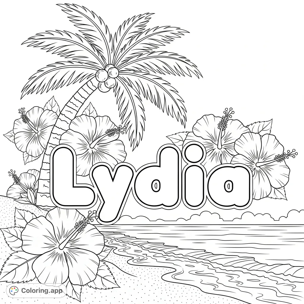 Color 'Lydia' in fun bubble letters, surrounded by a vibrant Hawaiian beach scene with swaying palm trees and detailed hibiscus flowers. A perfect tropical getaway.