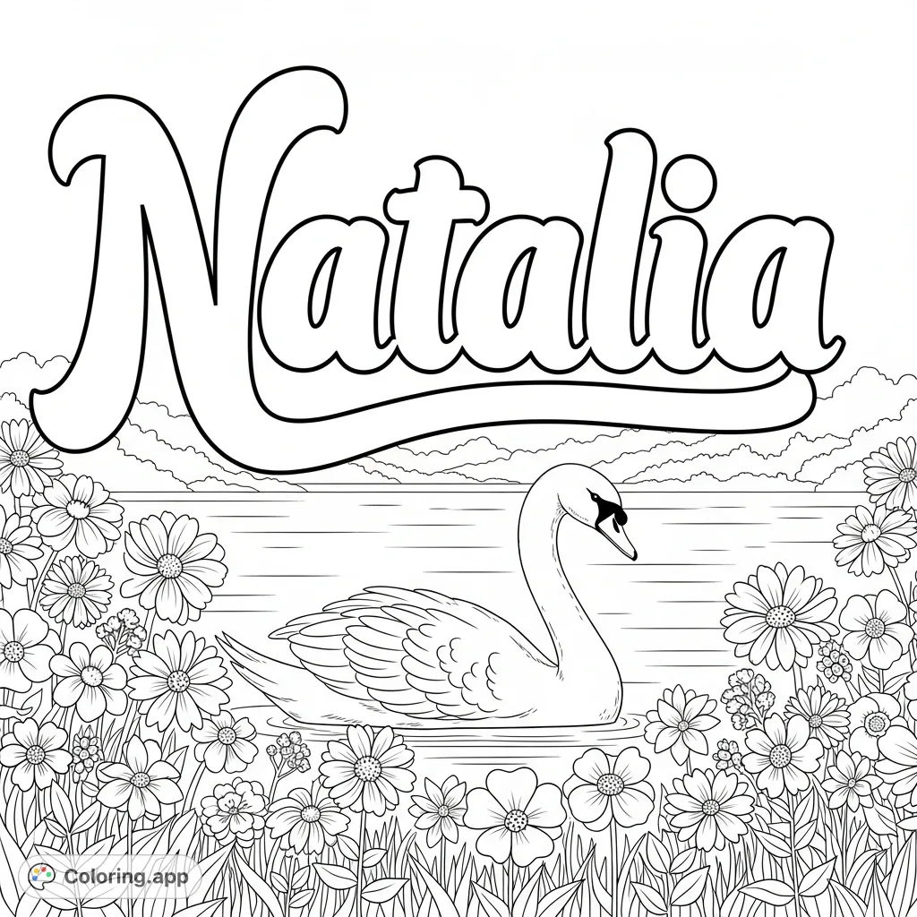 A beautiful Natalia coloring page featuring the name in elegant cursive bubble letters, an elegant swan, and tranquil lake flowers. Perfect for personalization!