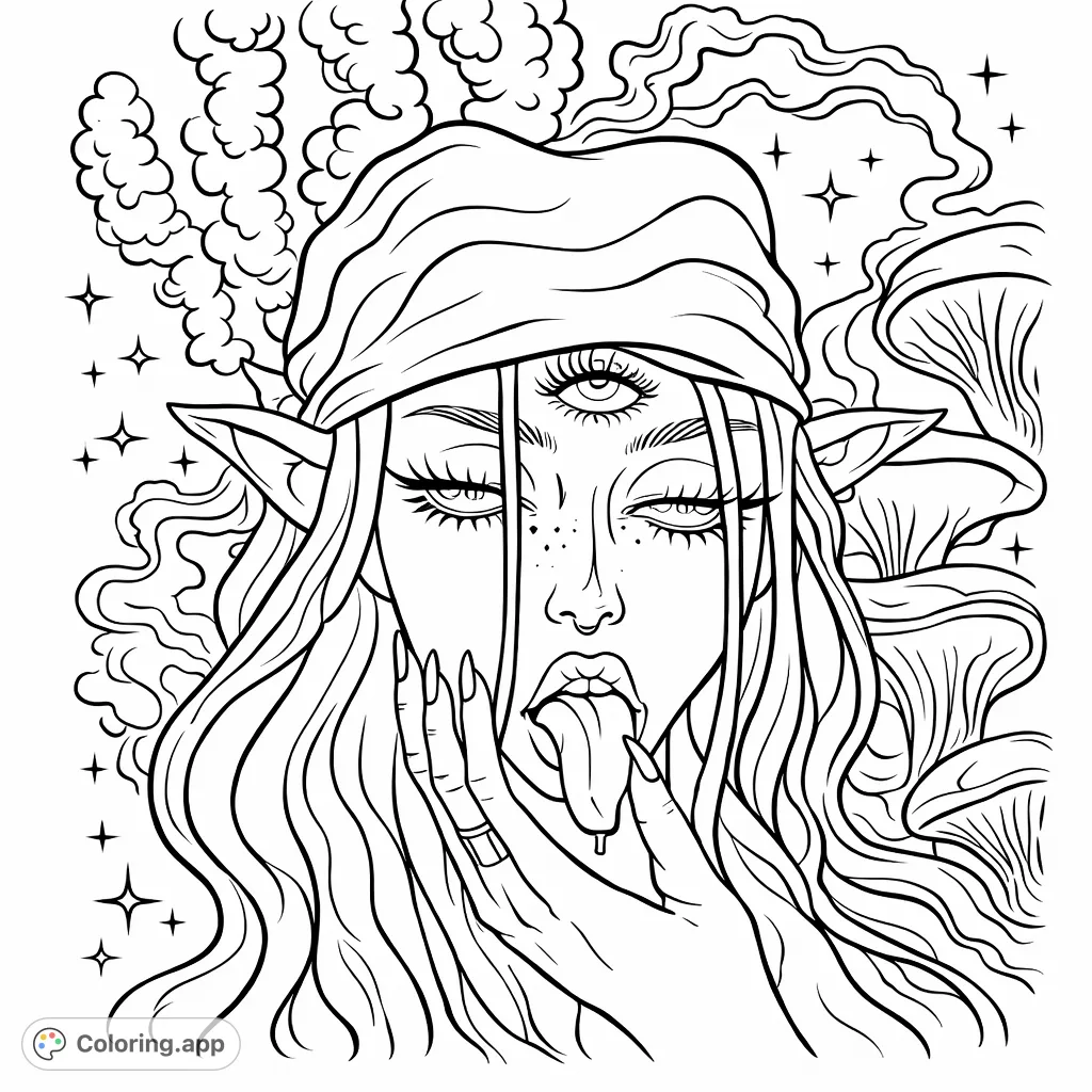 A captivating elven figure with a third eye and intricate details, surrounded by mystical elements and stylized mushrooms. Dive into this unique design!
