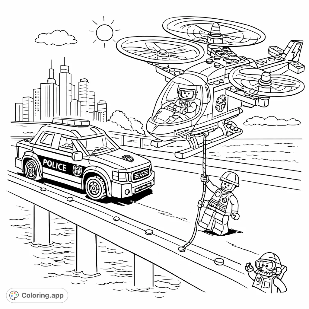 Dive into action with this LEGO City police chase coloring page, featuring a police boat, flying vehicle, and minifigure adventure!