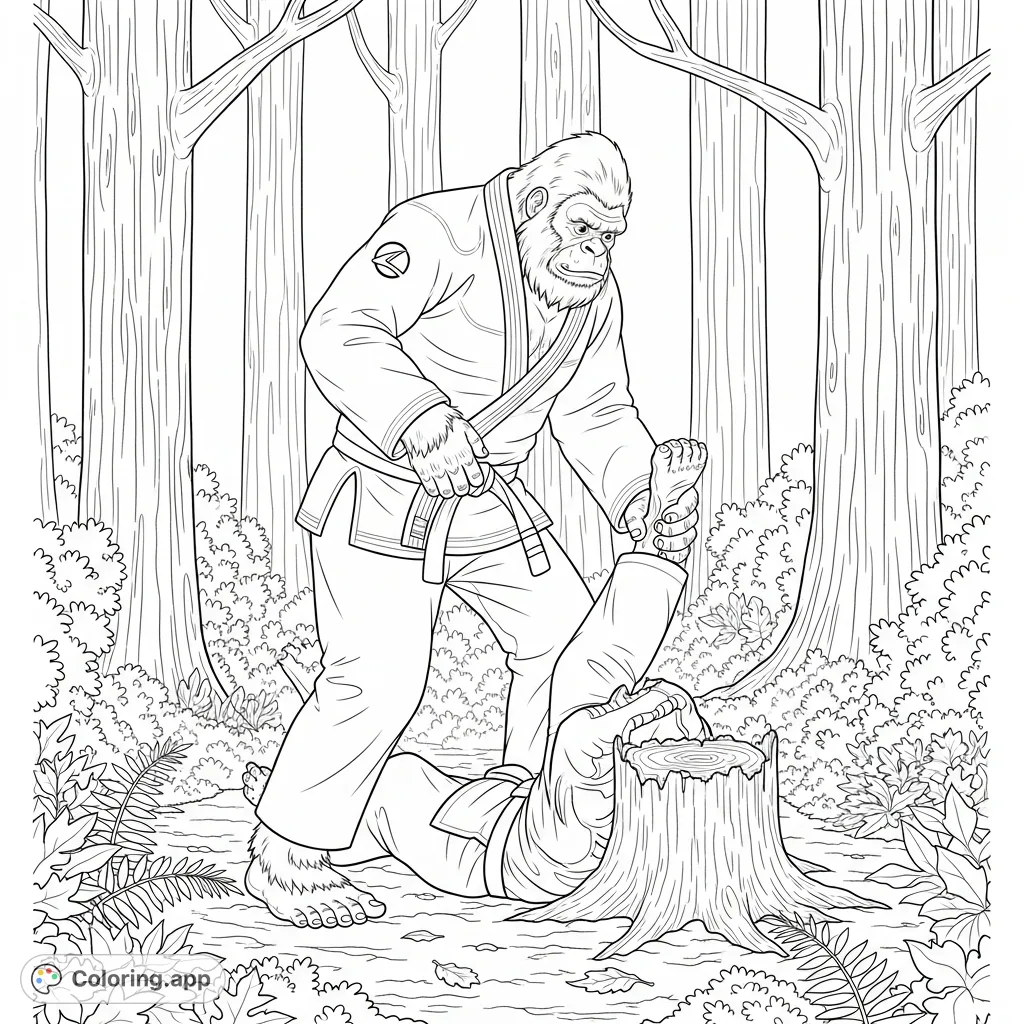 Witness Bigfoot mastering jiu-jitsu in a forest, grappling with a tree stump in his gi. A fun, unique martial arts coloring page!