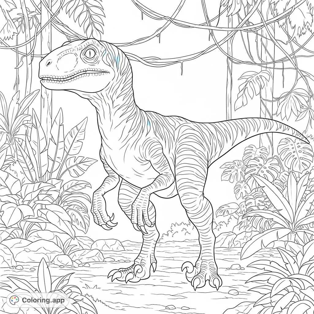 Capture the thrilling essence of Blue, the iconic Velociraptor from Jurassic World, in a dynamic jungle scene. A captivating dinosaur coloring page.
