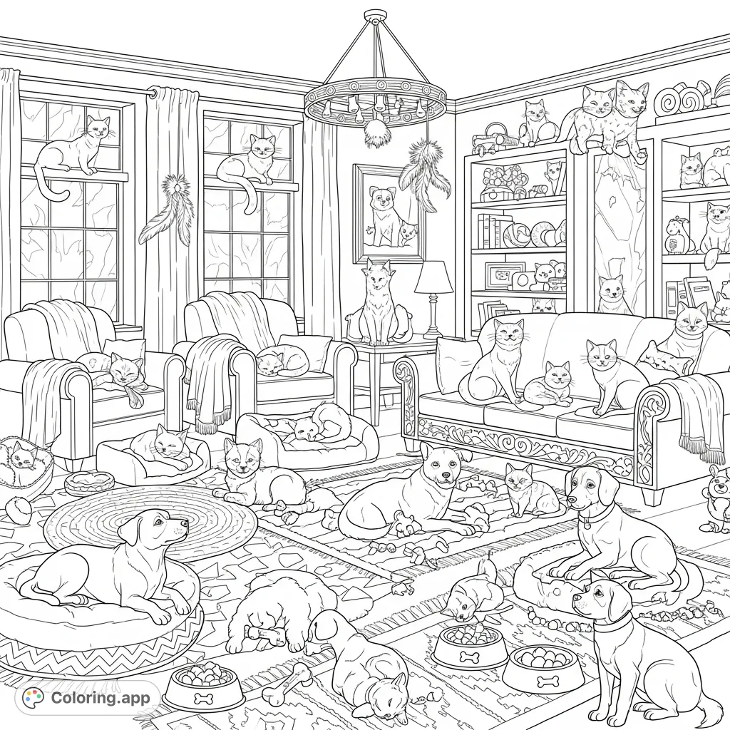 Explore a lively, spacious room teeming with playful cats and dogs of all kinds. A charming animal paradise ready for your creative touch!