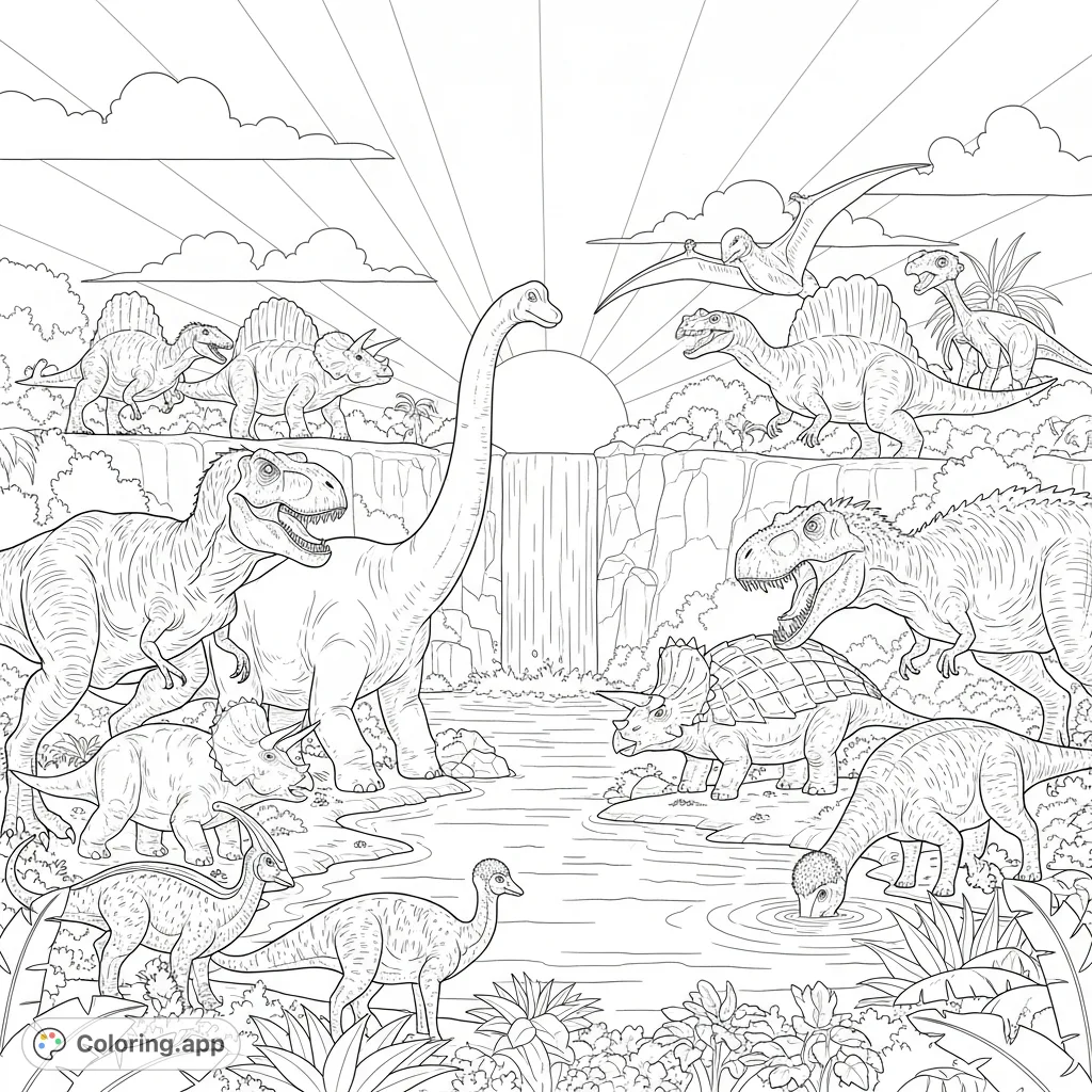 An epic prehistoric dinosaur coloring page featuring Tyrannosaurus rex, Indominus rex, Blue, and more, gathered at a lake with a waterfall.