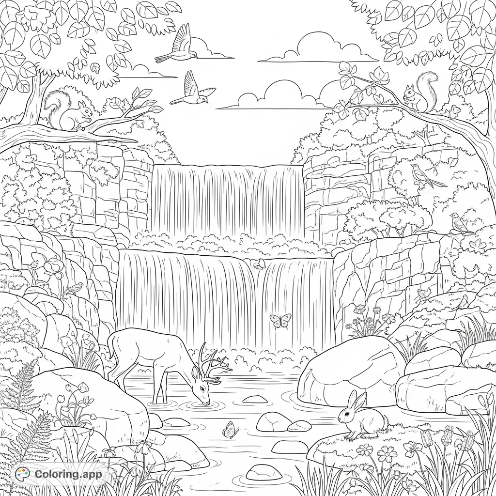 A serene nature scene featuring a majestic, multi-tiered waterfall cascading into a pool where deer, rabbits, squirrels, and birds gather amidst lush foliage.