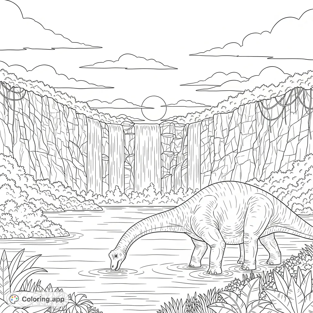 Journey back to a primeval landscape! A majestic dinosaur drinks from a tranquil lake, fed by a towering waterfall under a setting sun. A detailed prehistoric nature scene.