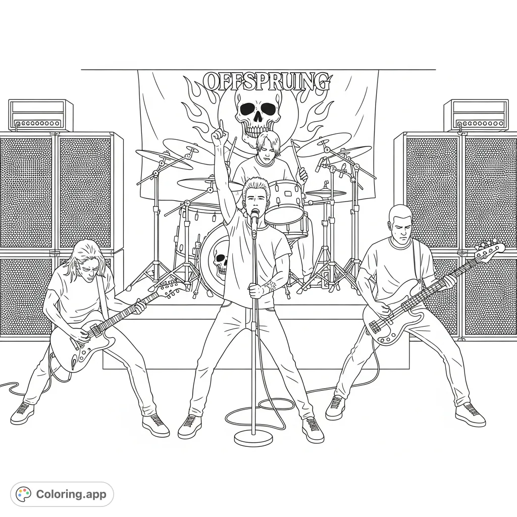 Capture the raw energy of The Offspring with this dynamic coloring page! Features Dexter Holland, Noodles, and the band performing live on stage amidst their iconic logo.
