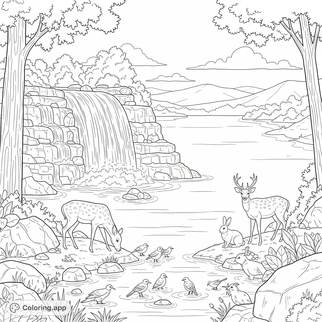 A peaceful nature scene with a cascading waterfall, a calm lake, and various wild animals drinking from its edge, surrounded by lush foliage.