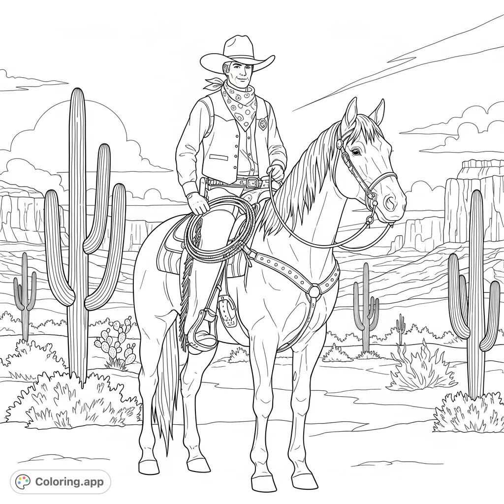 Gallop into the wild west with this detailed cowboy on horse coloring page. A rugged rider and powerful steed await your creative touch.