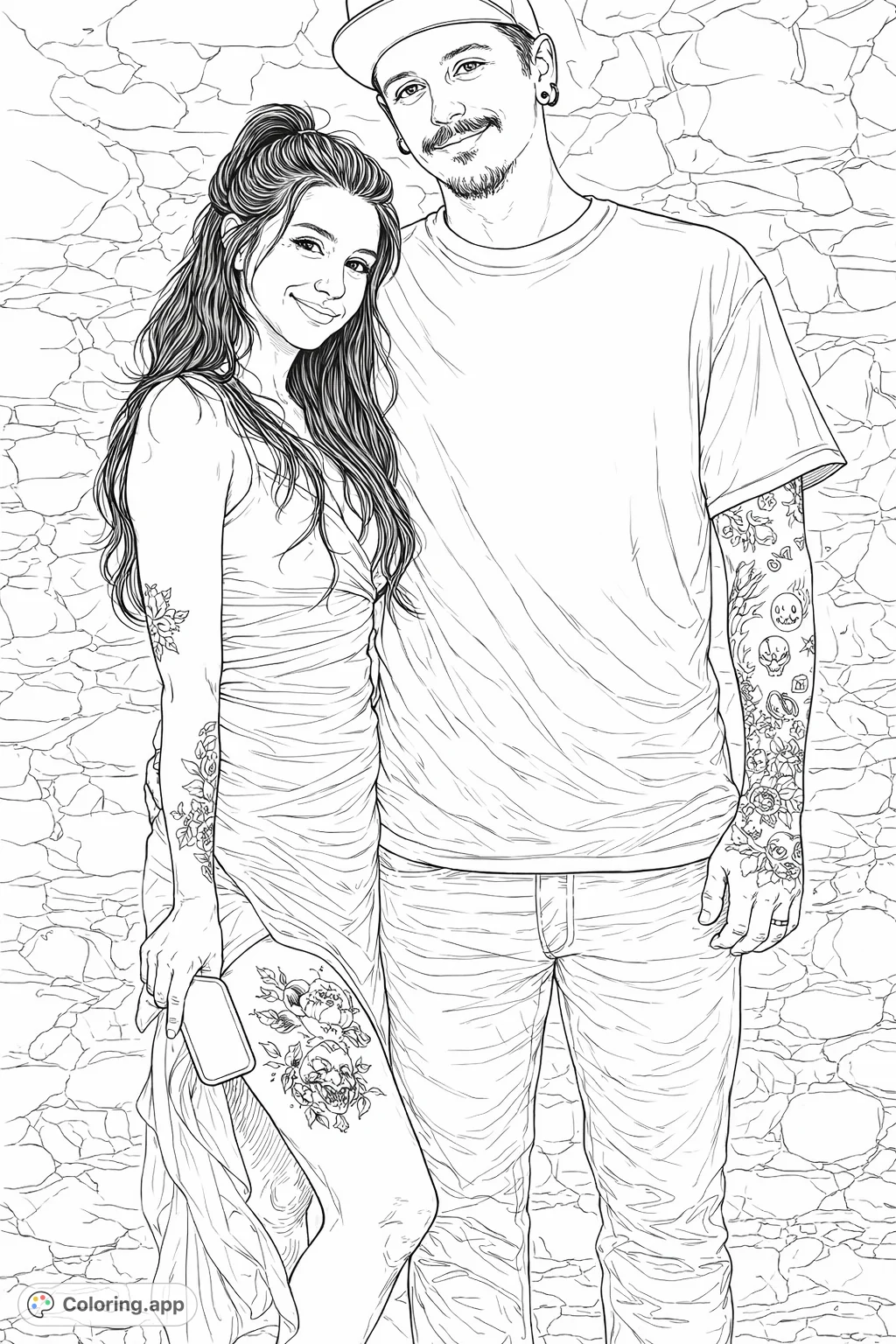 Capture the bond of a modern couple with intricate tattoos. This realistic portrait offers a detailed and expressive scene, perfect for creative coloring.