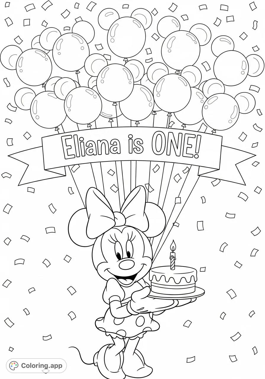 Celebrate with a Minnie Mouse-inspired character holding a birthday cake, surrounded by festive balloons and confetti, featuring an 'Eliana is ONE!' banner.
