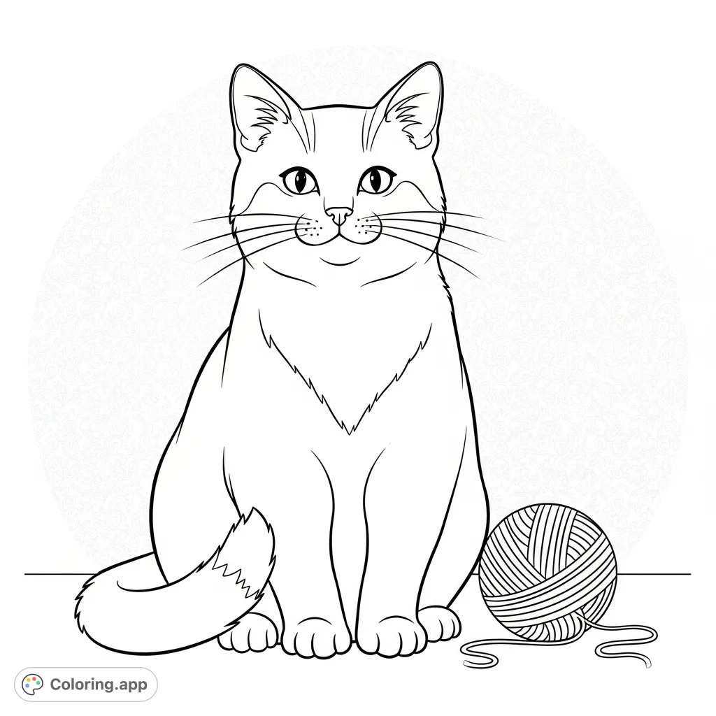 An adorable cat coloring page, perfect for young artists. Features a friendly feline curled up beside a ball of yarn, ready for a burst of color.