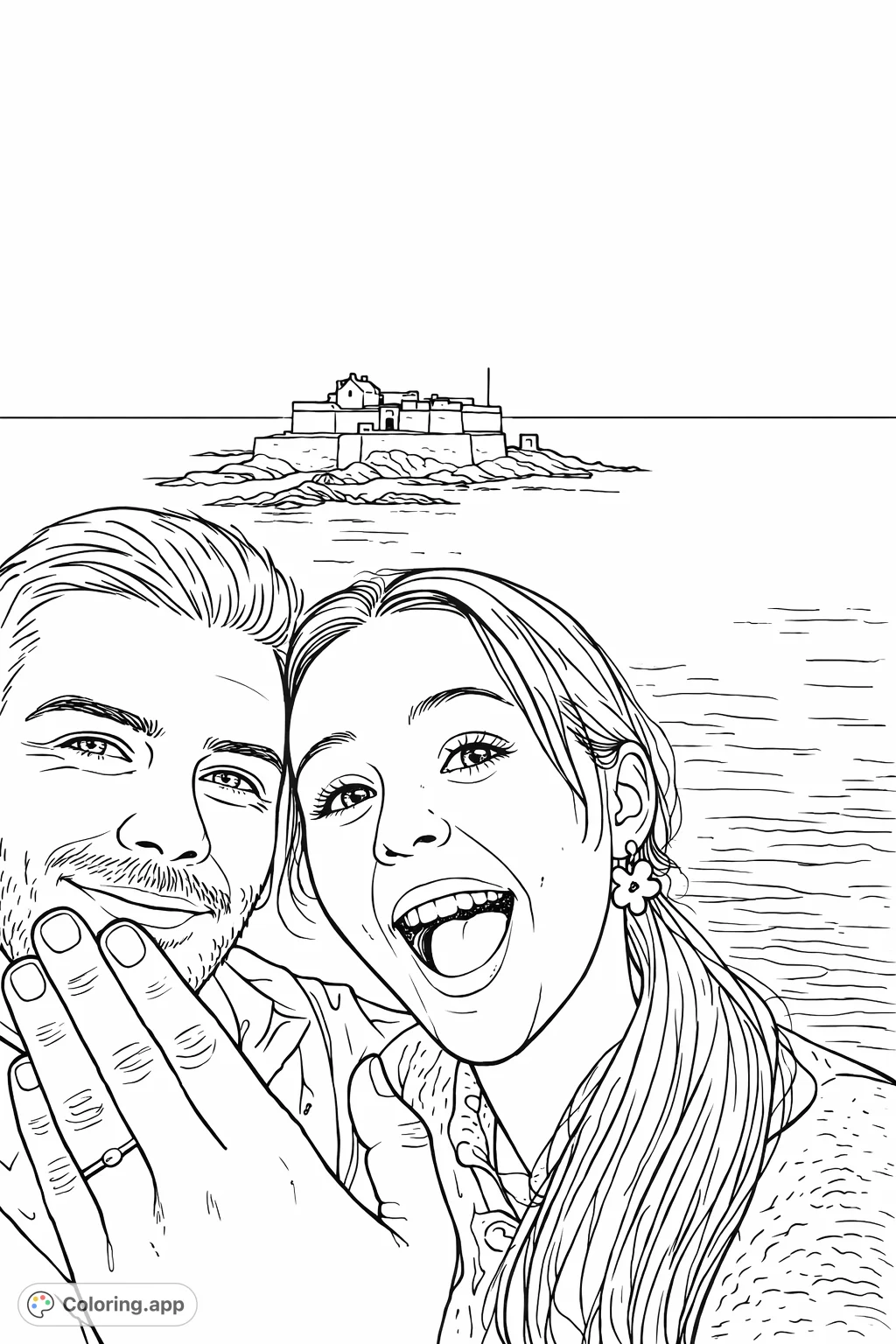 Capture a joyous moment of a couple by the sea, celebrating with a visible ring and a historical fort in the background. Perfect for romantic coloring.