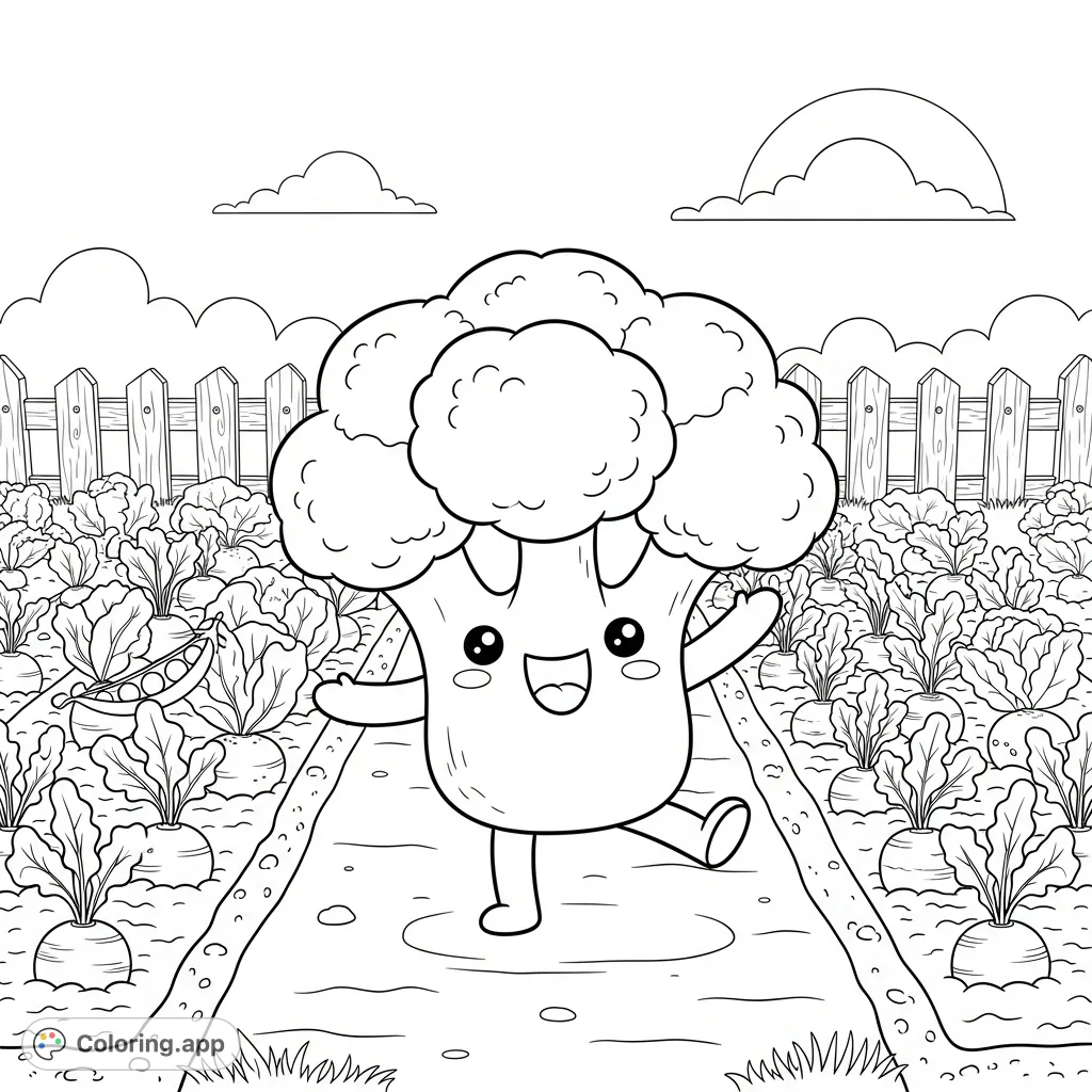 An adorable kawaii broccoli character playfully leaping amidst various vegetables in a charming garden scene. A delightful free printable coloring page for all ages!