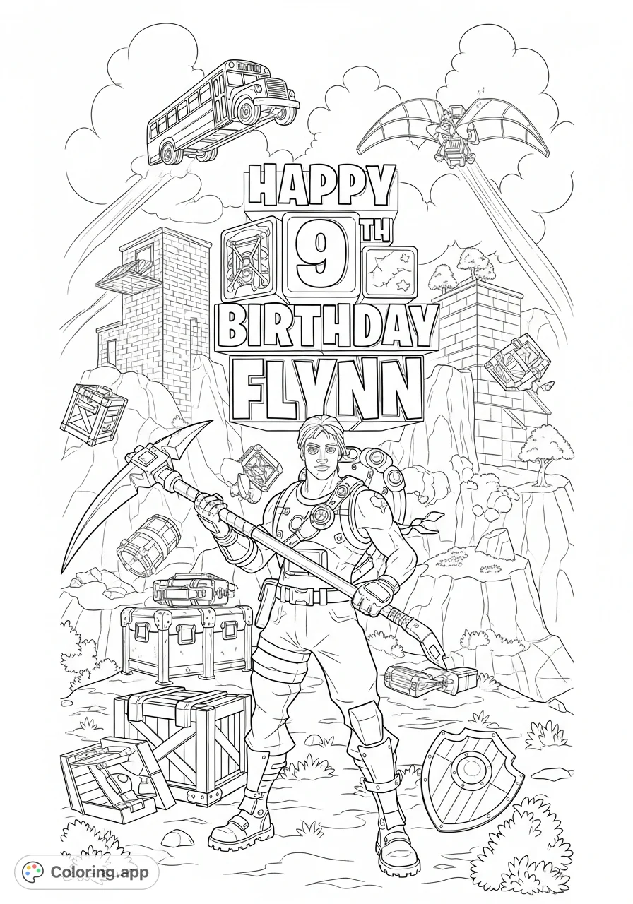 A dynamic character wields a harvesting tool in a rugged landscape with building structures, supply drops, and a Battle Bus. Features 'Happy 7th Birthday Jace'.