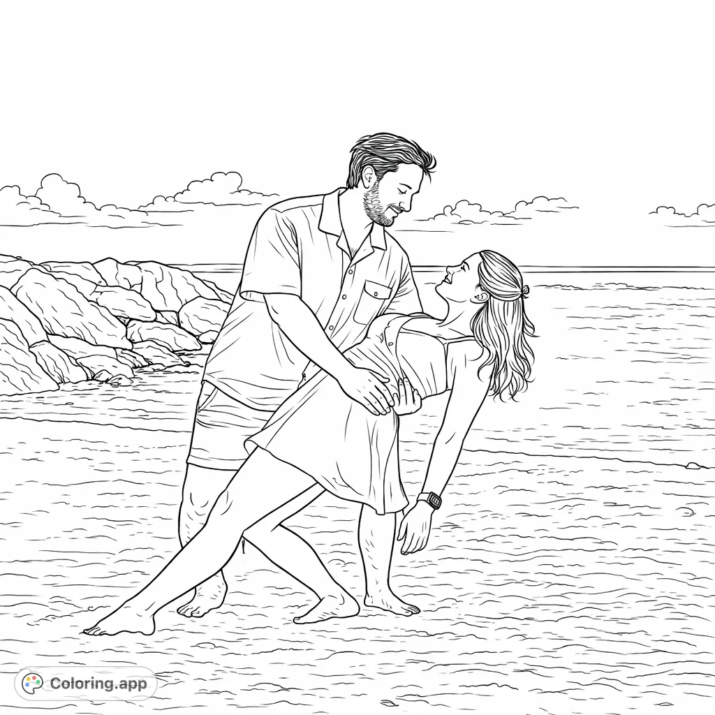 Capture a romantic moment on a serene beach with this charming coloring page, featuring a couple in a graceful dance pose against a tranquil coastal backdrop.
