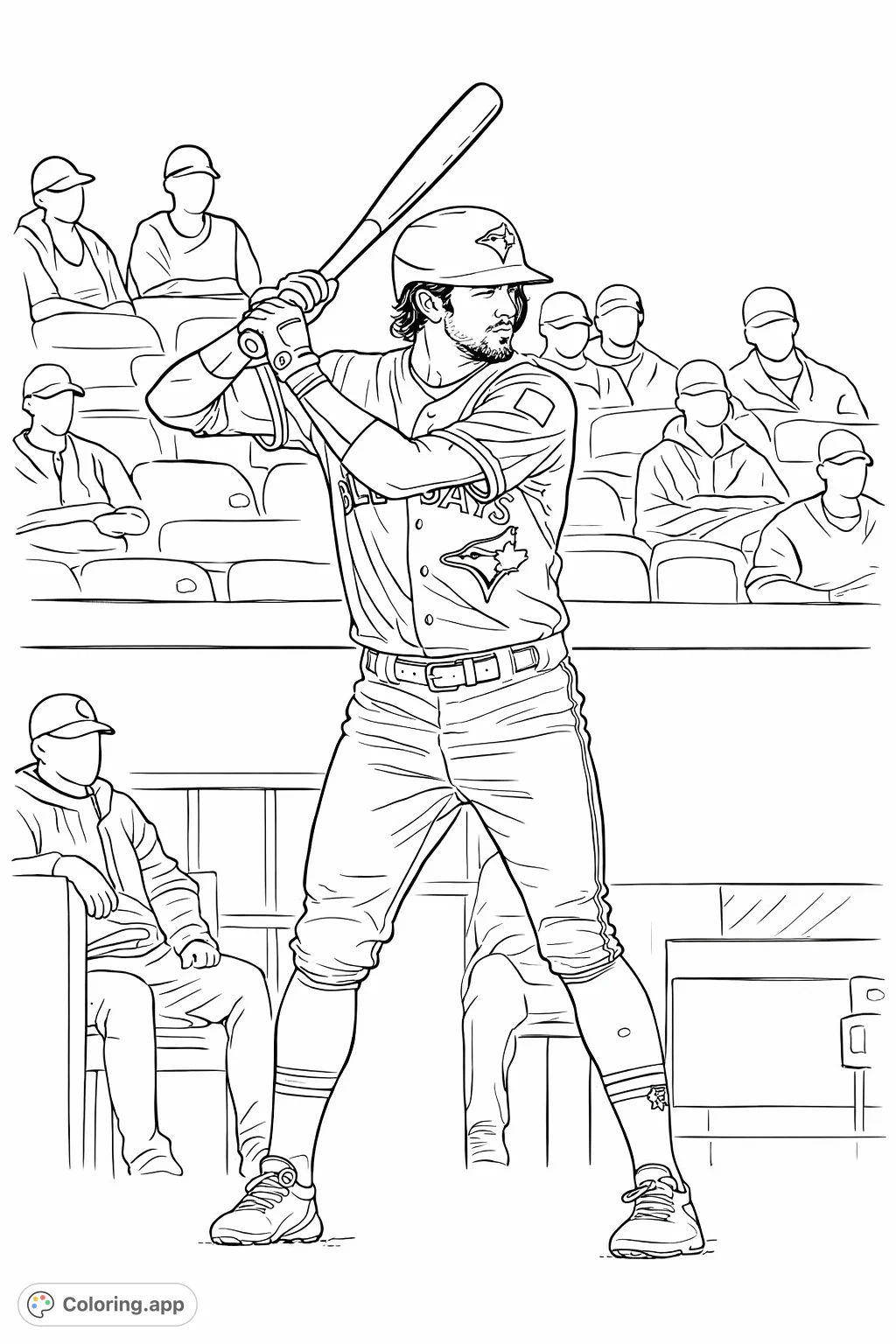 A detailed baseball player in batting stance, ready to swing. Features uniform details, helmet, bat, and a stadium background.