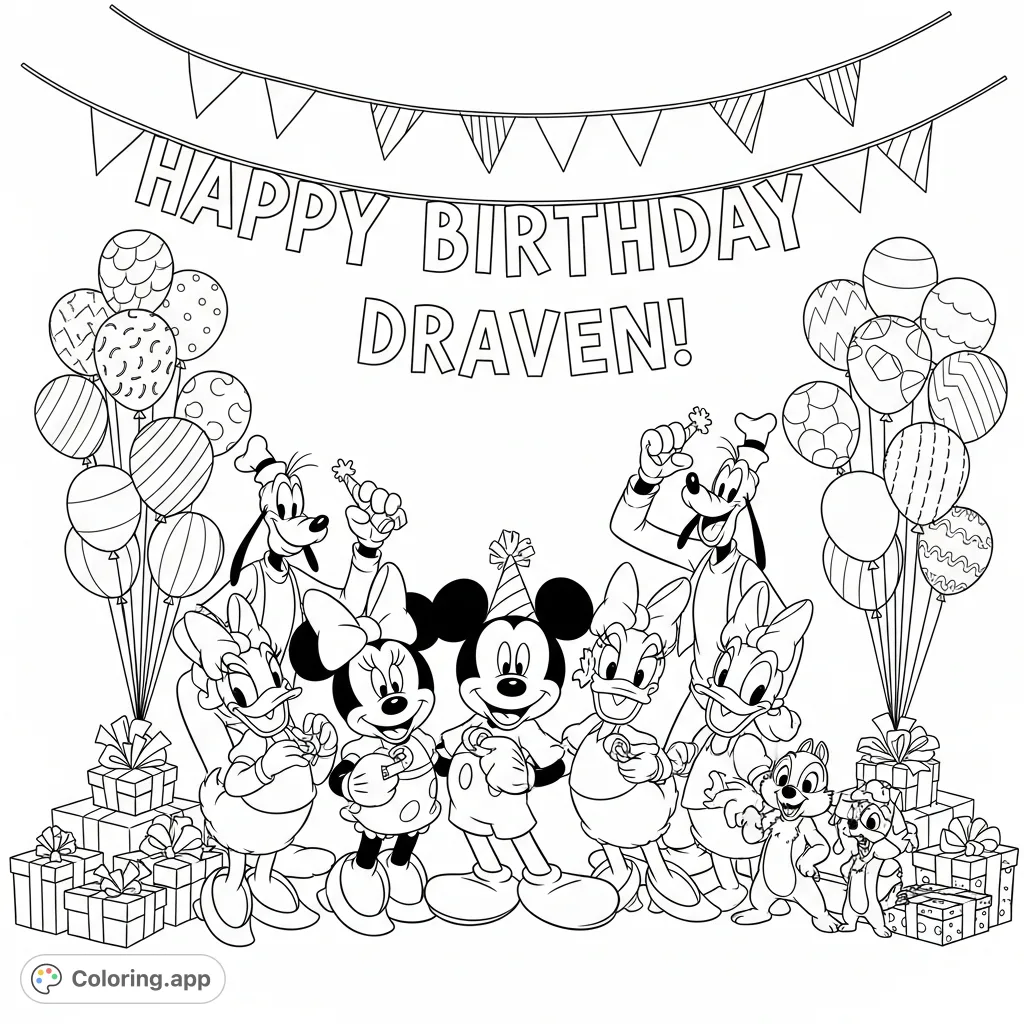 Join Mickey, Minnie, Donald, Daisy, Goofy, Pluto, Chip, and Dale as they celebrate Draven's birthday! A joyful scene with noisemakers, balloons, and presents.