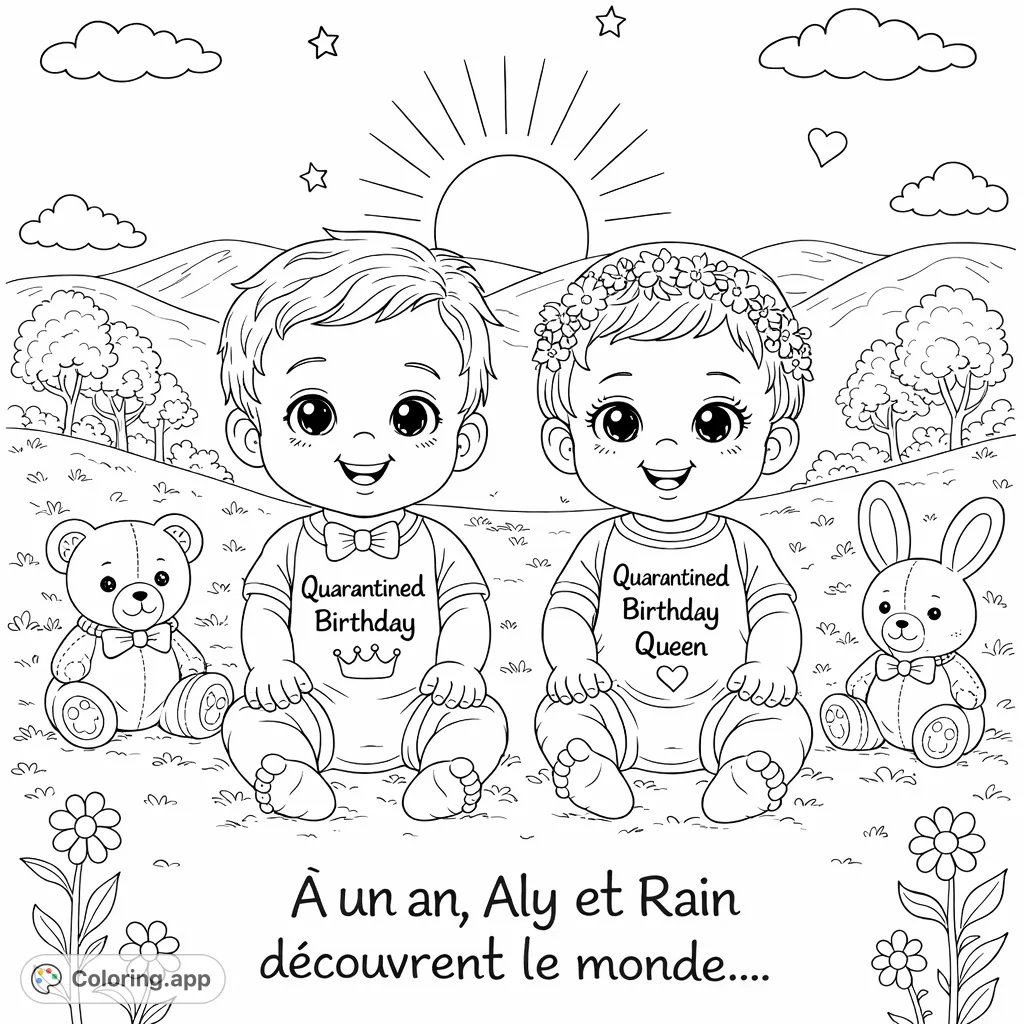 Two adorable babies celebrating a special quarantined birthday with their plush animal friends in a cheerful outdoor setting. Perfect for sweet smiles.