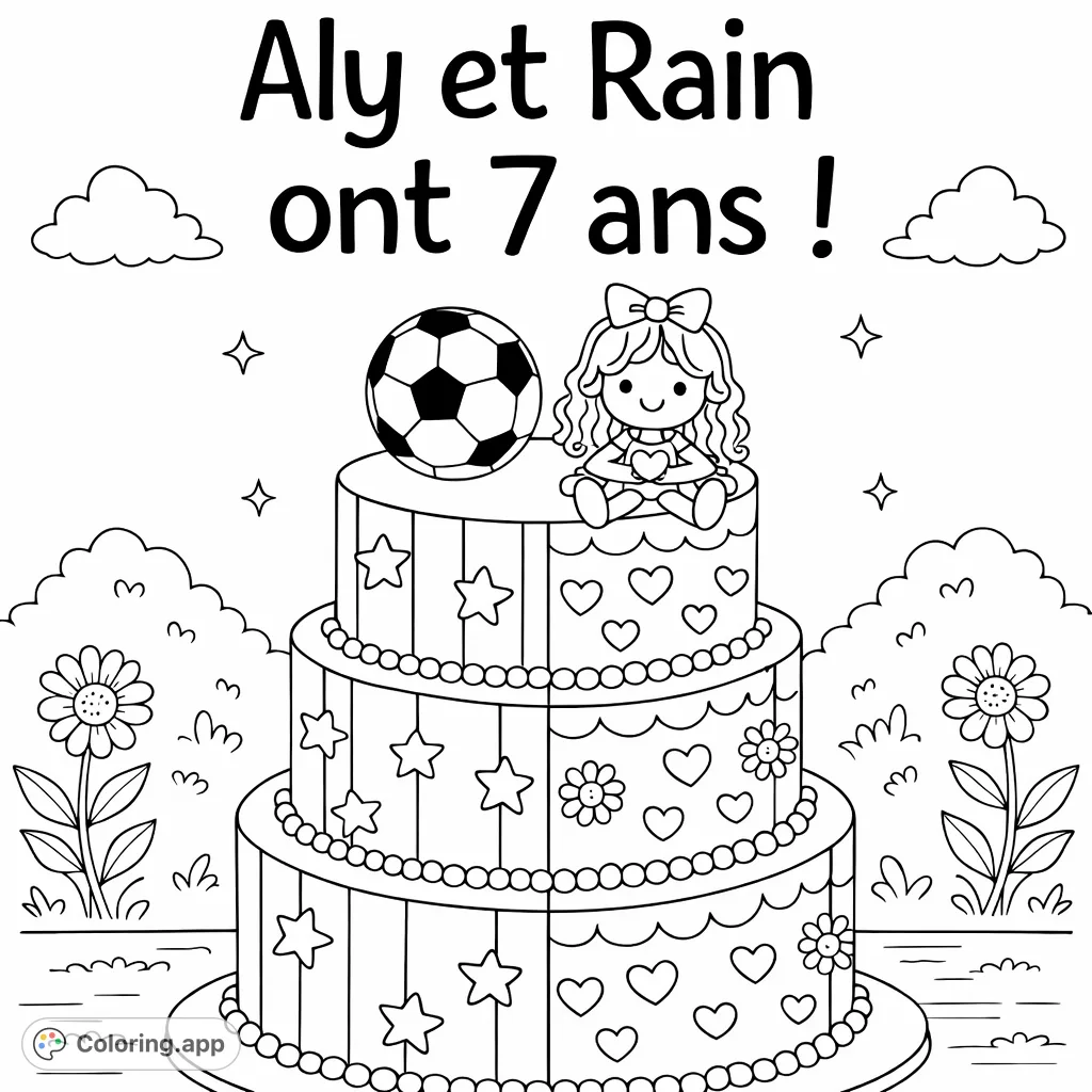 A delightful three-tiered celebration cake topped with a soccer ball and a charming doll, surrounded by playful stars and flowers, perfect for coloring.