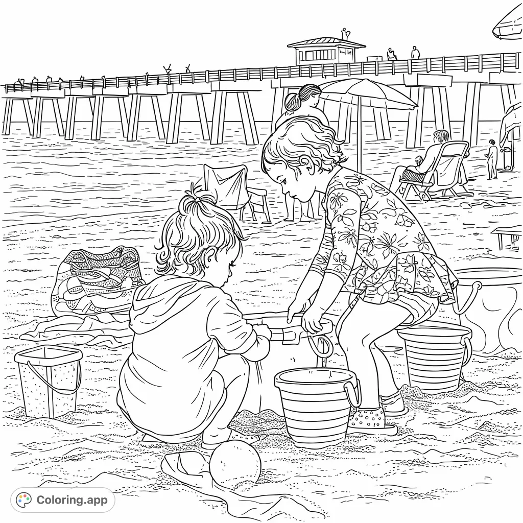 Join children playing happily on a sunny beach, building sandcastles with buckets and shovels, with a long pier and ocean waves in the background.
