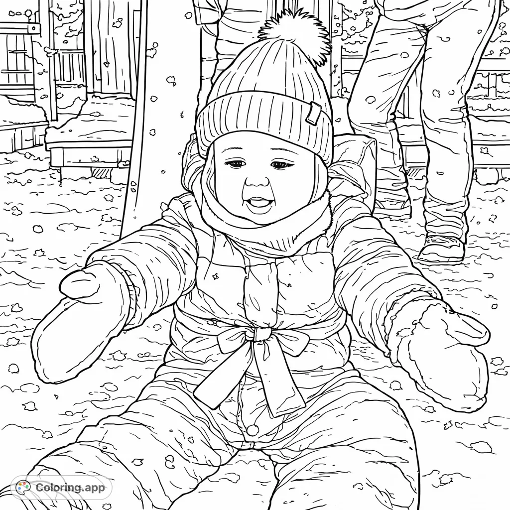 A sweet baby, bundled in a puffy suit and pom-pom hat, happily plays in a snowy setting. Perfect for winter themes and capturing joyful moments.