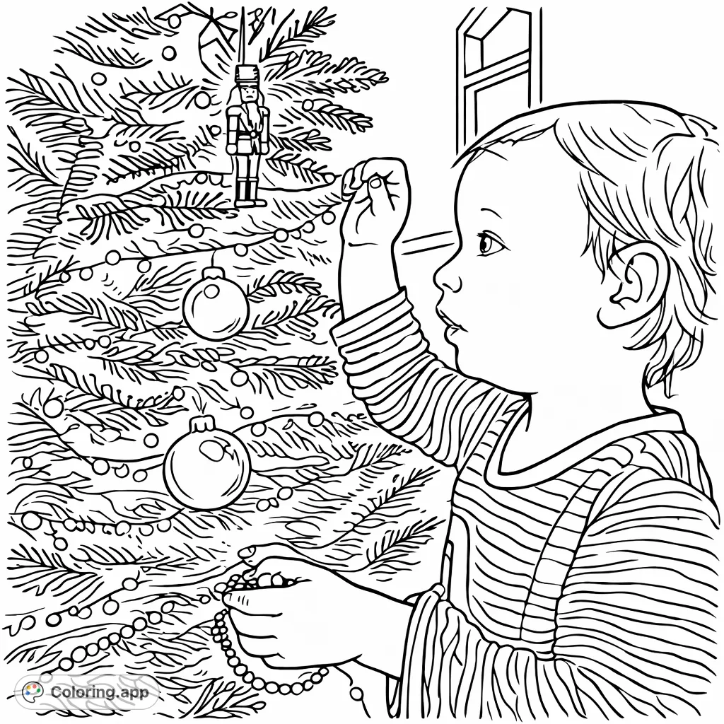 Capture the magic of the holidays with a child decorating a festive tree, complete with ornaments and twinkling lights.