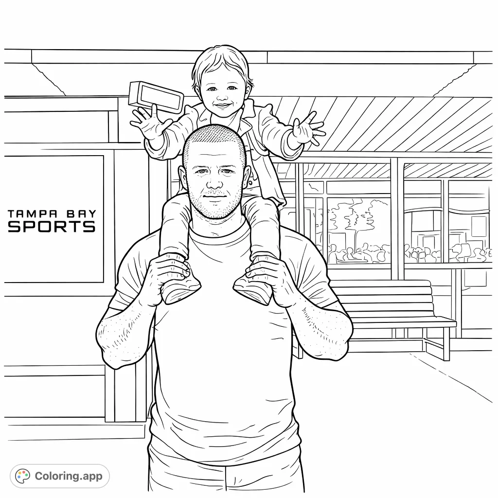 A heartwarming father and child shoulder ride, featuring a man carrying a smiling child, ready for a fun coloring adventure.
