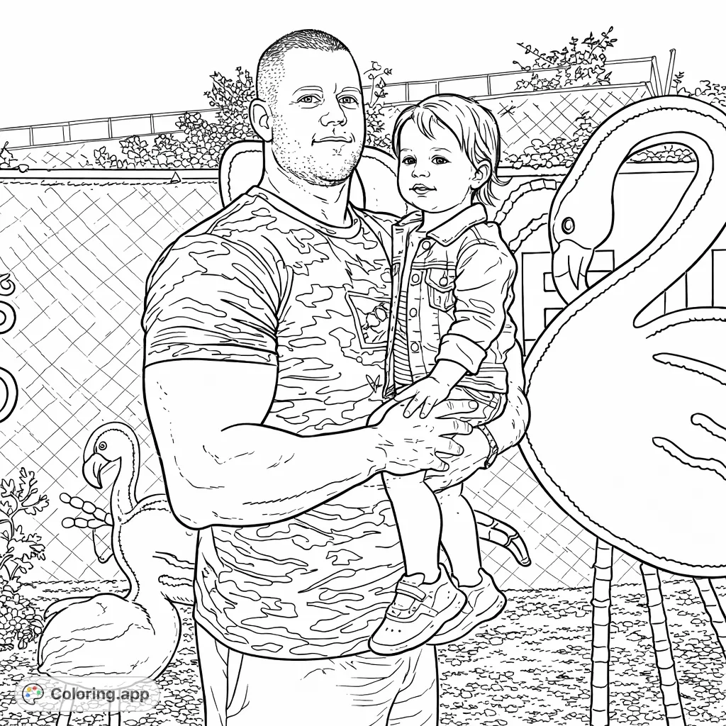 A heartwarming family coloring page featuring a man holding a child amidst playful flamingo decorations. Perfect for celebrating special bonds and creative expression.