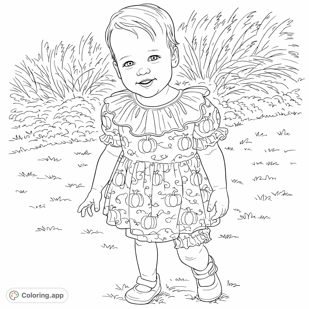 A charming coloring page features a happy child in a pumpkin-patterned outfit, standing amidst a grassy outdoor scene. Perfect for seasonal fun!
