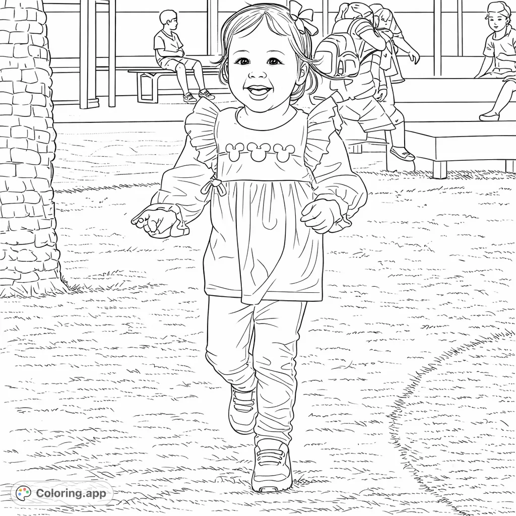 A delightful Mickey Mouse-themed coloring page featuring a happy toddler in a ruffled top, running cheerfully on a grassy area, perfect for playful coloring fun.